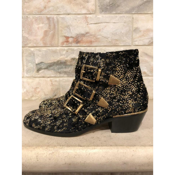 Chloe Suzanna Black Gold Velvet Coupe Studded Short Zipper Ankle Heel Bootie 37 - Picture 10 of 12